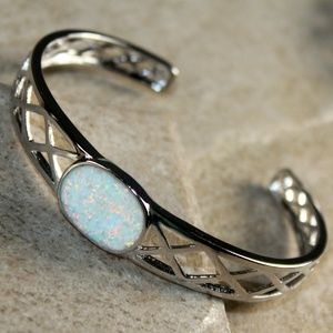 White Fire Opal Silver Bracelet Cuff Open End
